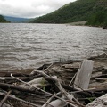 Driftwood from the blast has piled up on the northern shore of Coldwater Lake.