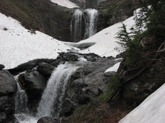The snow can stay late at Comet Falls. The trail can still be covered with snow in July.