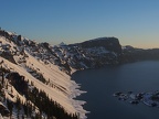 Llao Rock is the black hulking rock in the center of the photo. Mt. Thielsen is the peak in the center background of the photo.