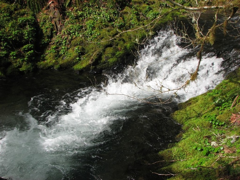 The creek flows down the hanging valley then over a waterfall to join Eagle Creek.