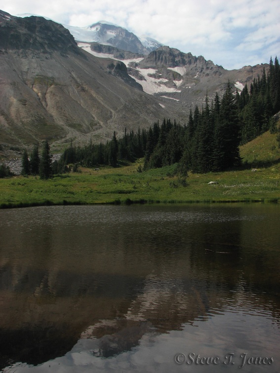 A small lake is next to Glacier Basin Campground. This is the end of the maintained trail. This is looking towards Mt. Rainier.