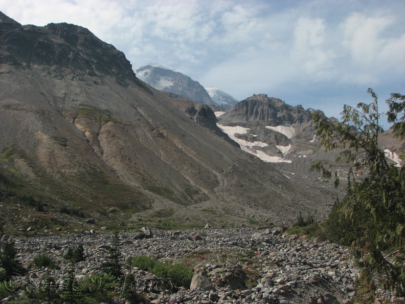 Debris washed down the valley from the melting glaciers to litter the valley floor.