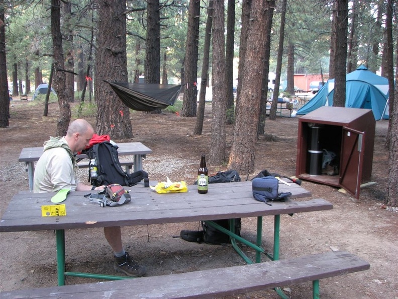 Our first night at Mammoth Mtn RV Park in Mammoth Lakes. You can see the bear box in the background.