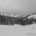 The Tatoosh Range from the head of Paradise Valley. From left to right, The Castle, Pinnacle Peak, Plummer Peak, Denman Peak, Lane Peak.