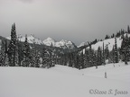 The Tatoosh Range from the head of Paradise Valley. From left to right, The Castle, Pinnacle Peak, Plummer Peak, Denman Peak, Lane Peak.