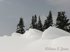 A steep 500 foot drop to Paradise Valley is to the right of these cornices and snow drifts.