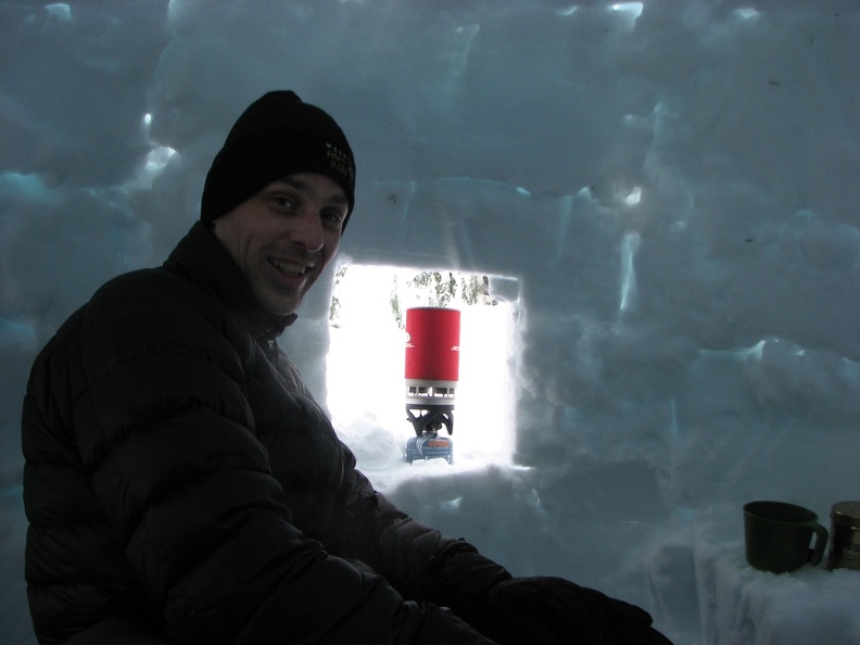 I cut a couple of windows in the igloo the next morning so we could cook while sitting inside.