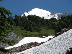 Mt. Hood as viwed from the lower section of McNeil Point Trail. Some trail junctions can be easily missed when covered by snow. Footprints can fade quickly from packed snow.