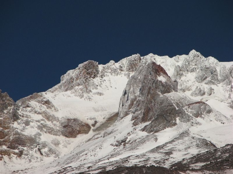 Up close, Mt. Hood shows rugged faces of rock and snow. The Mountaineer Trail takes you close to these jagged rocks.