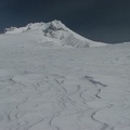 Wind sculpted snow with Mt. Hood in the background