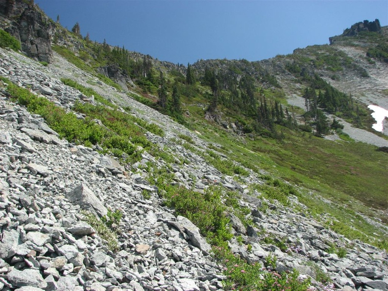 Looking up at Cresent Mountain from above Windy Gap. Cresent Lake is below this ridge on the right.