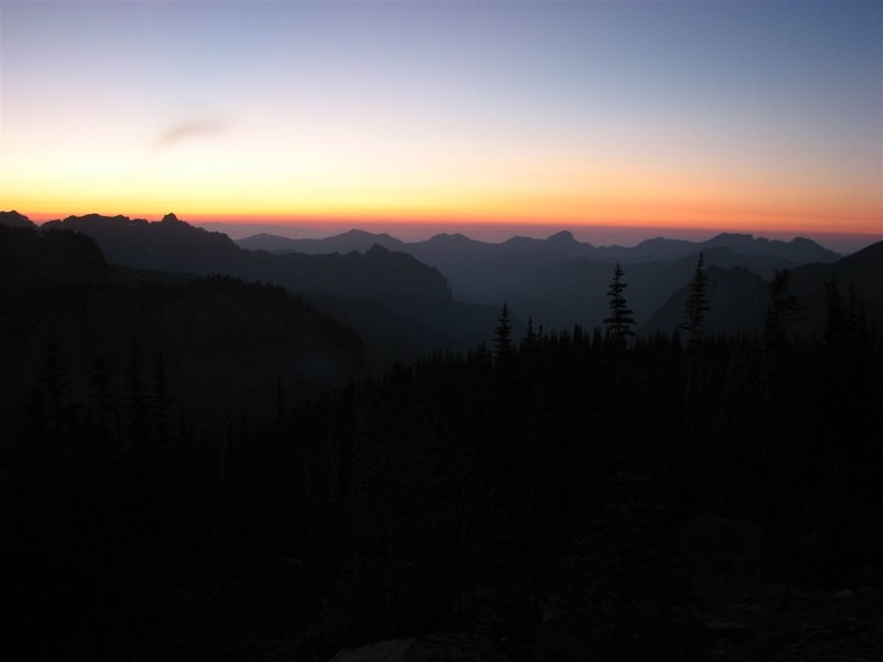 Sunset above Mystic Lake looking down towards the Carbon River.