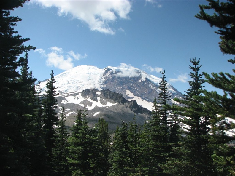 Mt. Rainier taken from the last switchback in the trees on the way up to Skyscraper Pass. This was a good place to take a break in the shade before climbing up to Skyscraper Pass.