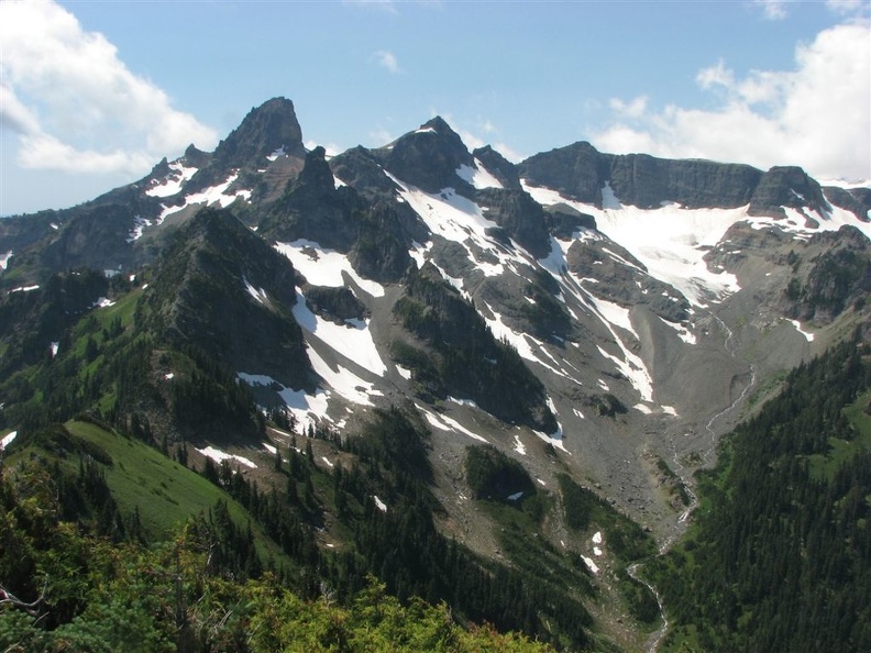 Looking to the Cowlitz Chimneys from the user trail to Tamanos Mountain.