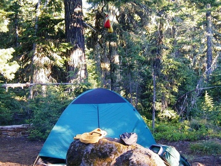 One of the nice campsites along the trail. This was near June Lake and there weren't any bugs there to speak of. Pretty good for camping in July! You can see our food suspended from nylong bags. We never had any animal issues with our food on this trip an