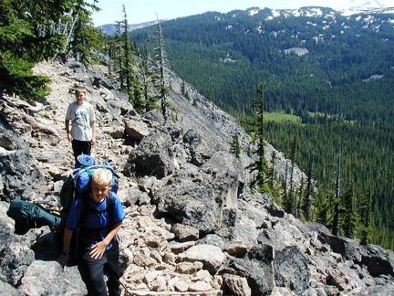 Here is our first close-up view of Mt. Jefferson from the PCT. This is a very rocky section and the Scouts very cautions crossing this part of the trail though the lack of trees made for spectacular views.