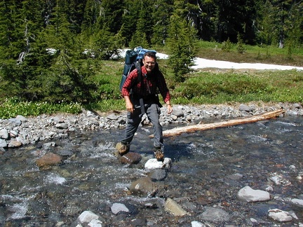 Mr. Gourlie crossing a stream into Jefferson Park. This was an easy step-across stream. There weren't any hard stream crossing on this route.