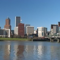 Portland riverfront from the east side with a view of the Hawthorne Bridge.