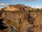 A nice view of Smith Rock State Park looking west shows the Crooked River and the tuff and rhyolite rocks of the park.