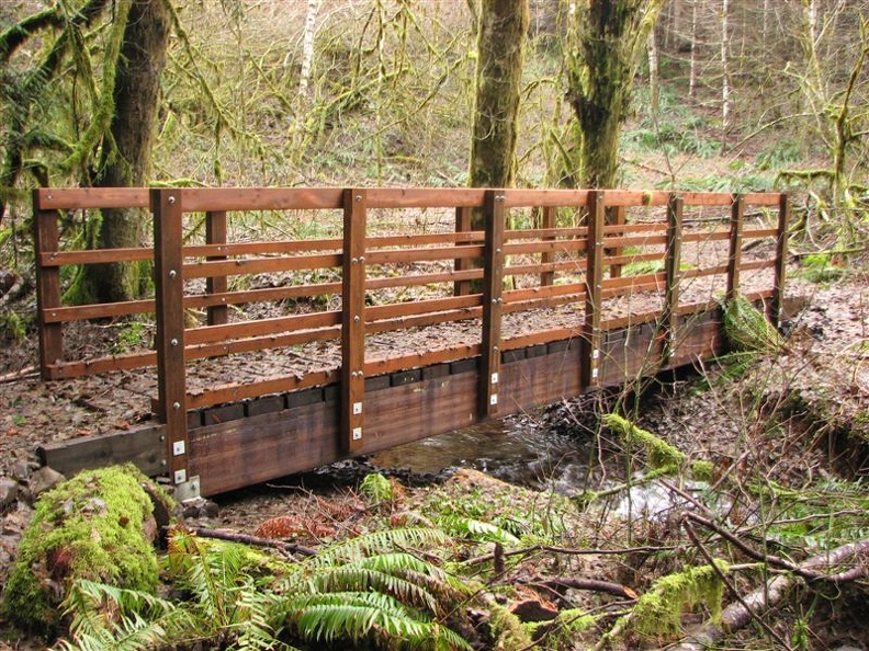 A sturdy bridge crosses a small creek along the Step Creek Trail.