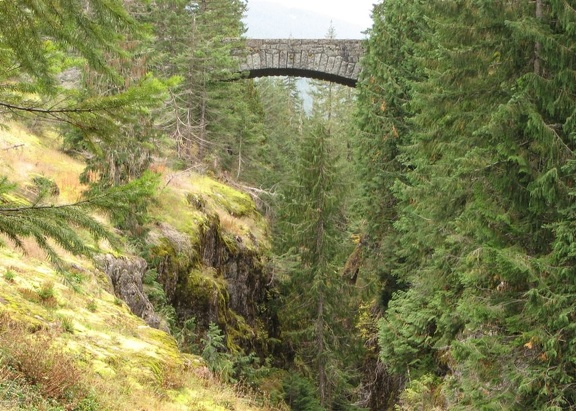 The Stevens Creek Trail joins the Box Canyon Trail. This is a view looking south towards the Stevens Canyon Road. The National Park Service had arch bridges faced with stone to blend in with the scenic views of the Park.