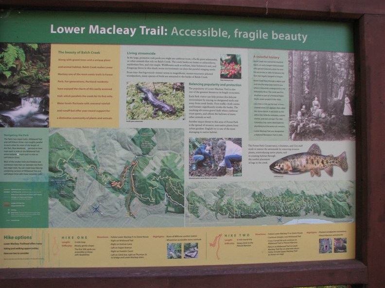 A sign at the Macleay trailhead talks about fish and wildlife in addition to information about the trail.