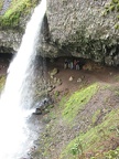 Tori, Tom, Teresa, Steve, Drew, Bree, and Zach standing under the overhanging cliff at Ponytail Falls on Horsetail Creek in the Columbia River Gorge.