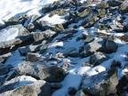 Frosty rocks on the shady side of the ridge. This is on a promontory west of the Pacific Crest Trail between Barlow Pass and Twin Lakes.