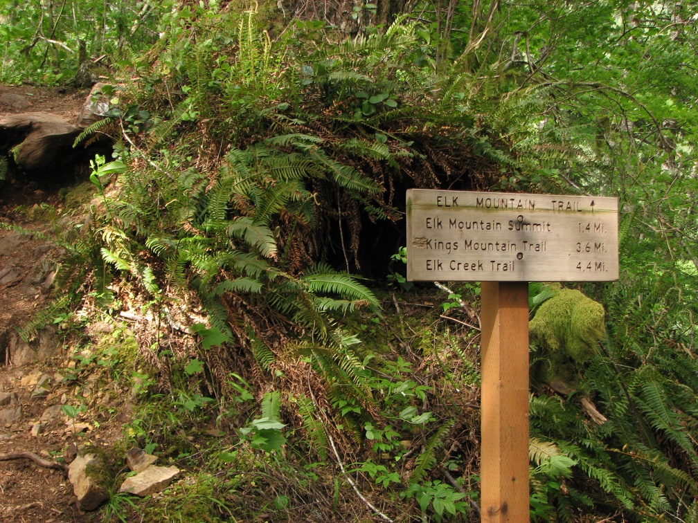 Sign at the junction for the Elk Mountain Trail showing mileages for some connecting trails.