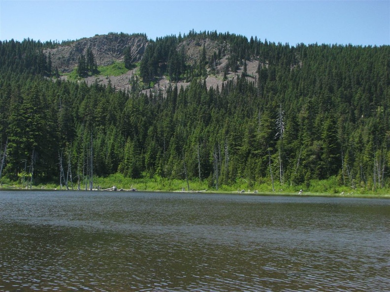 Rainy Lake has nice views of Green Point Mountain. The lake is shallow and warms up for swimming.