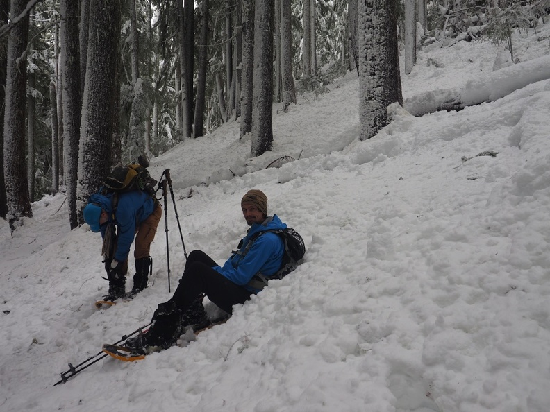 Rich and Jeremiah taking a break while bushwhacking through the forest.