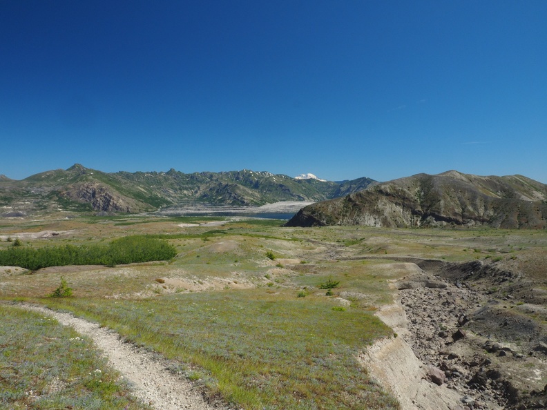 The mountains behind Spirit Lake almost totally hide Mt. Rainer as the trail drops down.