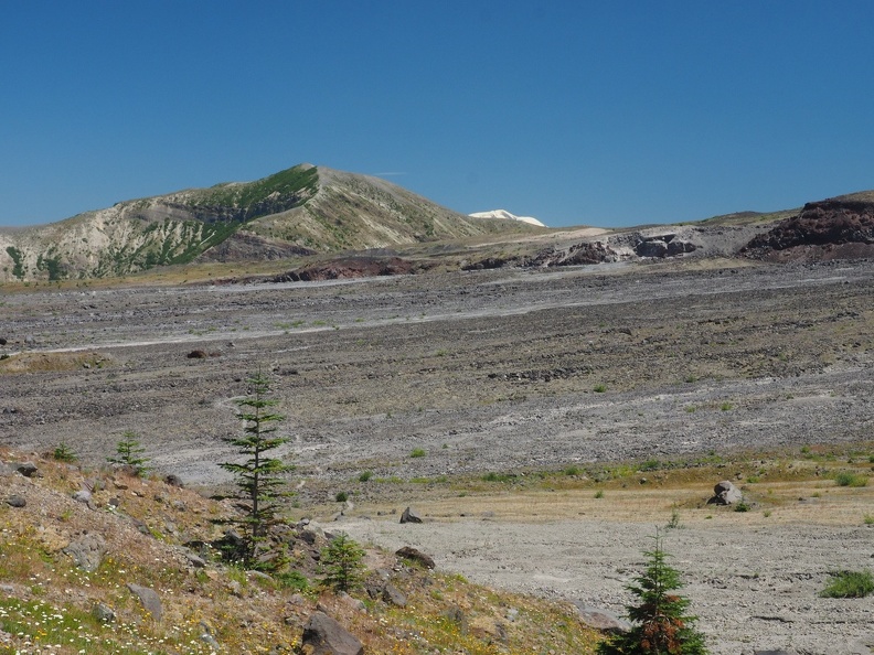 Mt. St. Helens peeks out as we slowly climb away from the lahars on the north side of Mt. St. Helens. 