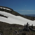 Big snow patches still cover the Loowit Trail even in full sun in the first week in July after the winter of 2016-2017.