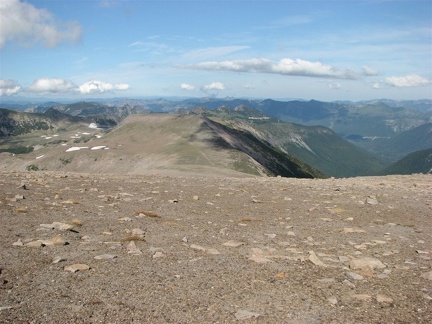 Looking back to Second Burroughs from Third Burroughs. The trail down to Glacier Basin can barely be seen coming down the right side of Second Burroughs.