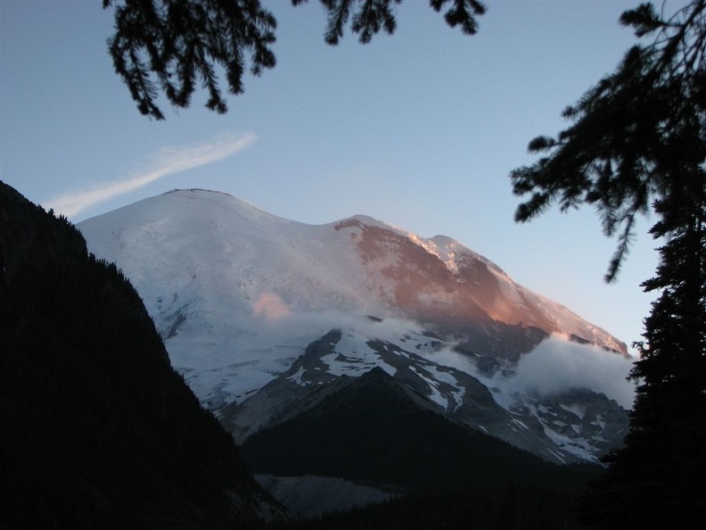 Sunset on Mt. Rainier from the stone viewpoint just above the Sunset Walk-in camp provides a perfect end to a day of hiking.