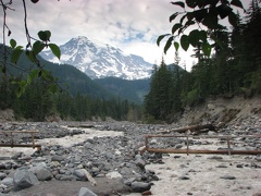 Mt. Rainier from the Nisqually River near Cougar Rock Campground. Current year's trail bridge with the previous year's trail bridge in the background.