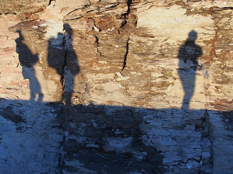 I liked the way our shadows projected onto the cliff as we snowshoed along the road heading back to camp.