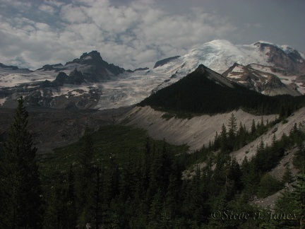 Mt. Rainier and Little Tahoma rest under a blanket of clouds along Emmons Glacier View Trail.