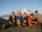 Our Washington Trails Association work party enjoying the sunset at Glacier View. From left to right, Joe, Steve, Janel, Chris, and Ryan.