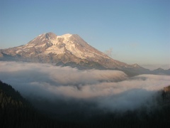 Mt. Rainier near sunset from Glacier View. Fog is rolling in as the evening air cools.