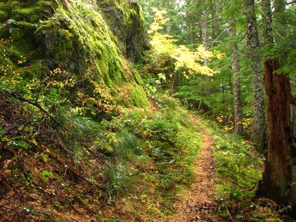 The narrow trail passes beneath Horseshoe Ridge.