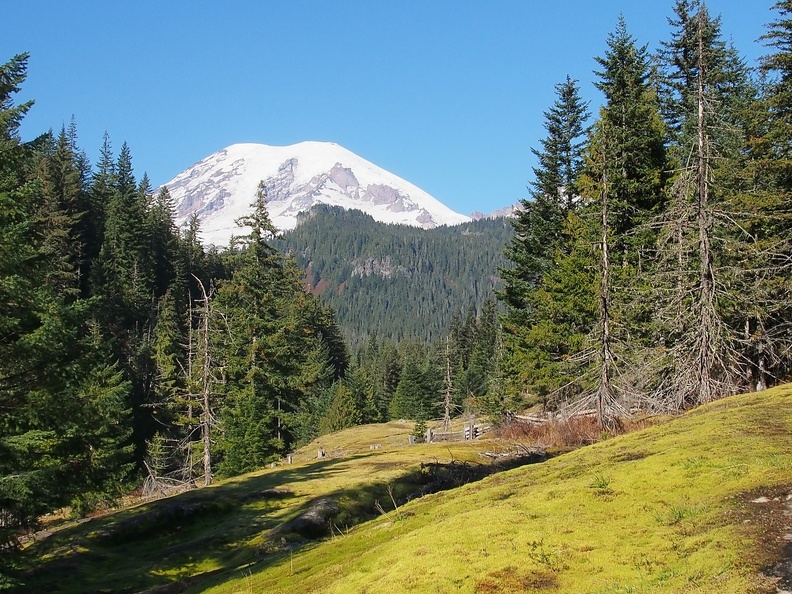 This is the only view of Mt. Rainier for the next couple hours of hiking. Be sure to walk to the bridge over Box Canyon to enjoy the view on a clear day.
