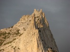 Closeup of Cathedral Peak showing the rugged granite spires.