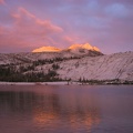 Lower Cathedral Lake at sunset in Yosemite National Park looking back at Echo Peaks.