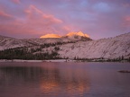 Lower Cathedral Lake at sunset in Yosemite National Park looking back at Echo Peaks.