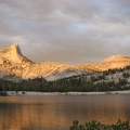 Lower Cathedral Lake at sunset in Yosemite National Park looking back at Cathedral Peak.
