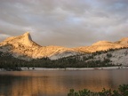 Lower Cathedral Lake at sunset in Yosemite National Park looking back at Cathedral Peak.