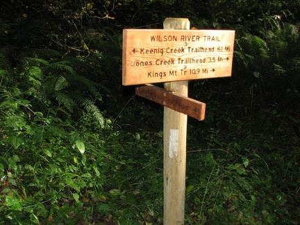 Trail sign along the Wilson River Trail showing routes and destinations along the trail. This sign is near the Footbridge trailhead.