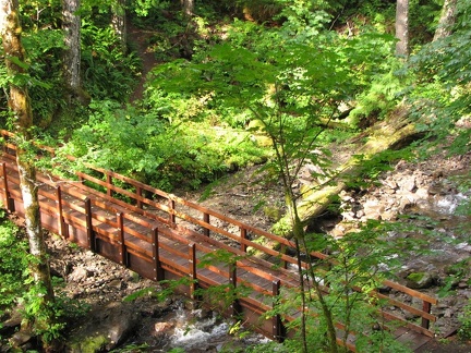 100 foot wood deck and steel girder bridge over a small stream along the Lewis River Trail.